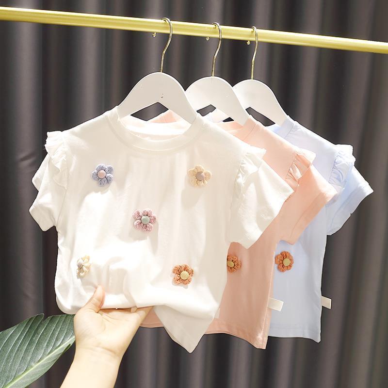 Áo Thun Tay Ngắn Phối Ren Dễ Thương Thời Trang Mùa Hè Cho Bé Gái 1-3 Tuổi