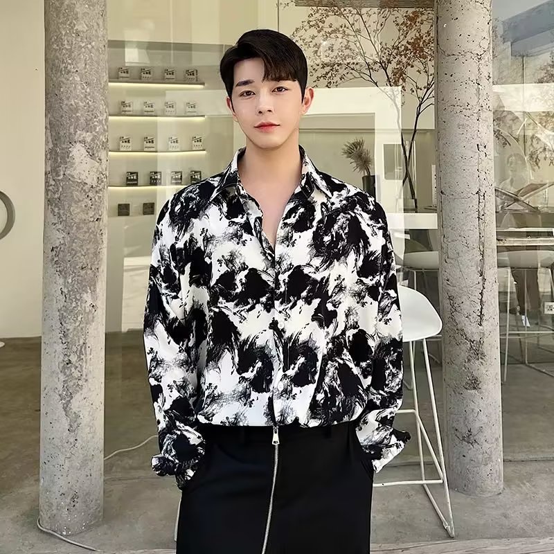 Áo Sơ Mi Họa Tiết Màu Đen Trắng Nhuộm Phong Cách retro Cao Cấp Size m-3xl Thời Trang Mùa Hè Cho Nam