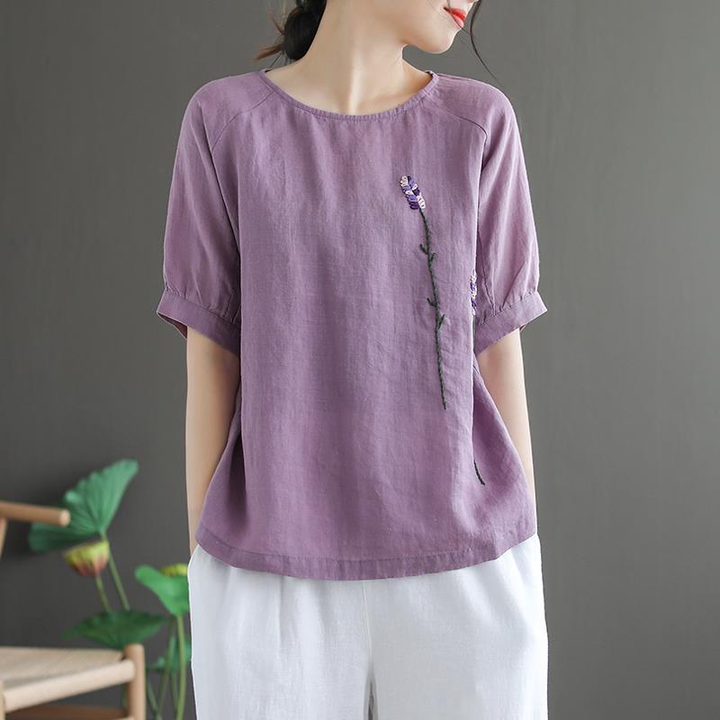 Áo Thun 40% Cotton Tay Ngắn Dáng Rộng Họa Tiết Thêu Phong Cách Dân Tộc