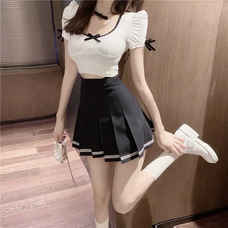 Set Áo Thun Tay Ngắn Phối Chân Váy Xếp Ly Lưng Cao Thời Trang Mùa Hè   Cho Nữ