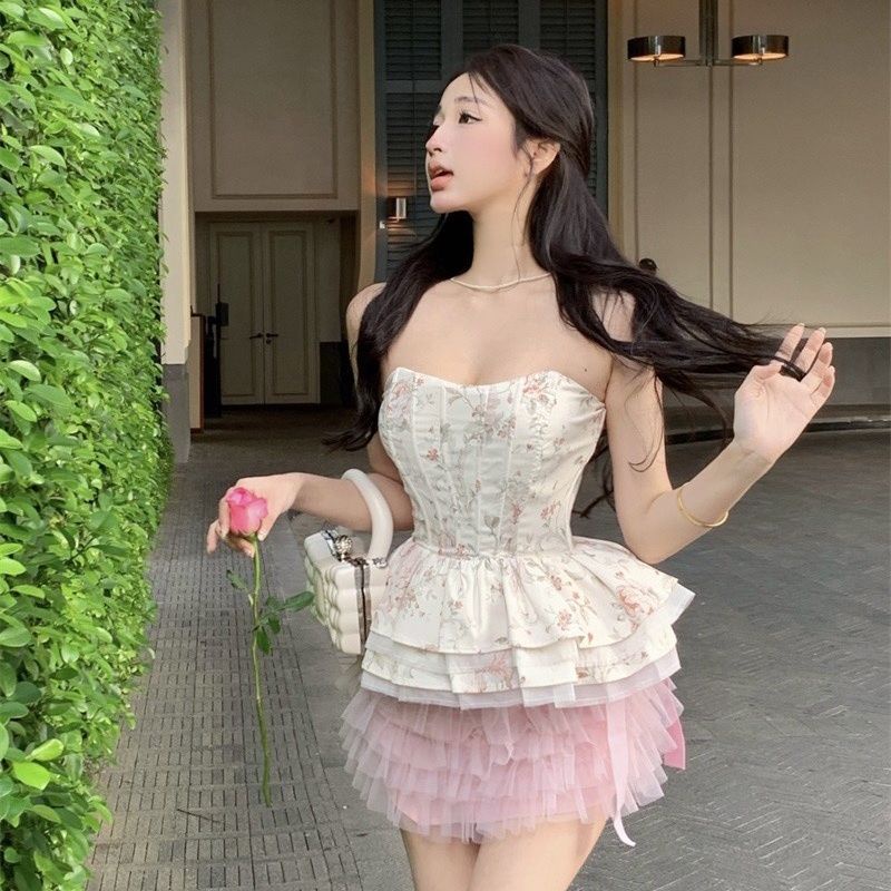 Bộ Áo Ống Xương Cá Ôm Dáng Phối Bèo + Chân Váy in Hoa Thời Trang Mùa Hè Quyến Rũ Cho Nữ