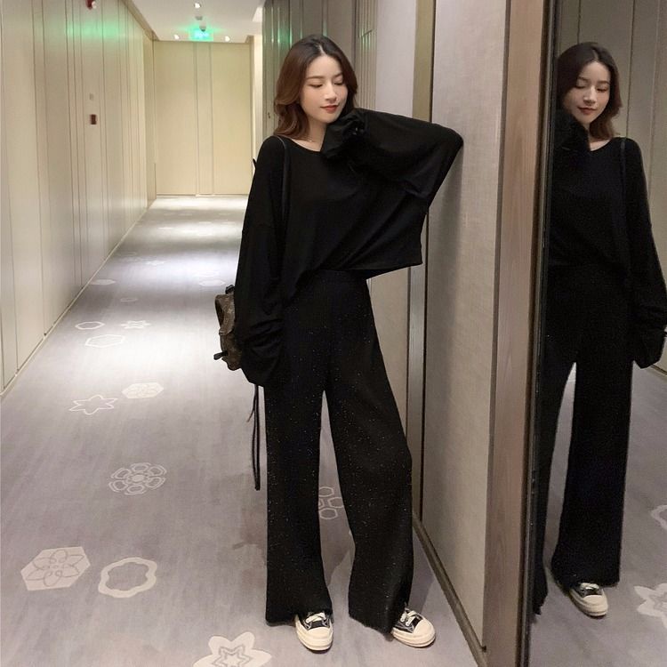 Quần Dài Ống Rộng Lưng Cao Màu Đen Chất Liệu Lụa Cao Cấp Thời Trang Dành Cho Nữ