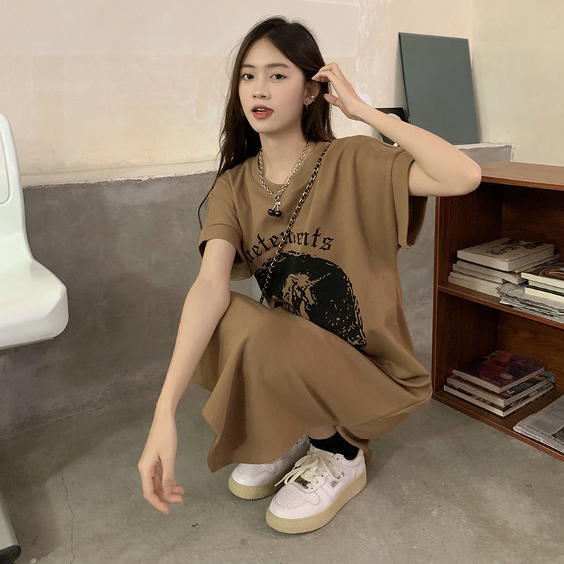 Đầm Thun Tay Ngắn Dáng Rộng Xẻ Tà In Họa Tiết Thời Trang Mùa Hè Kiểu Mới Cho Nữ