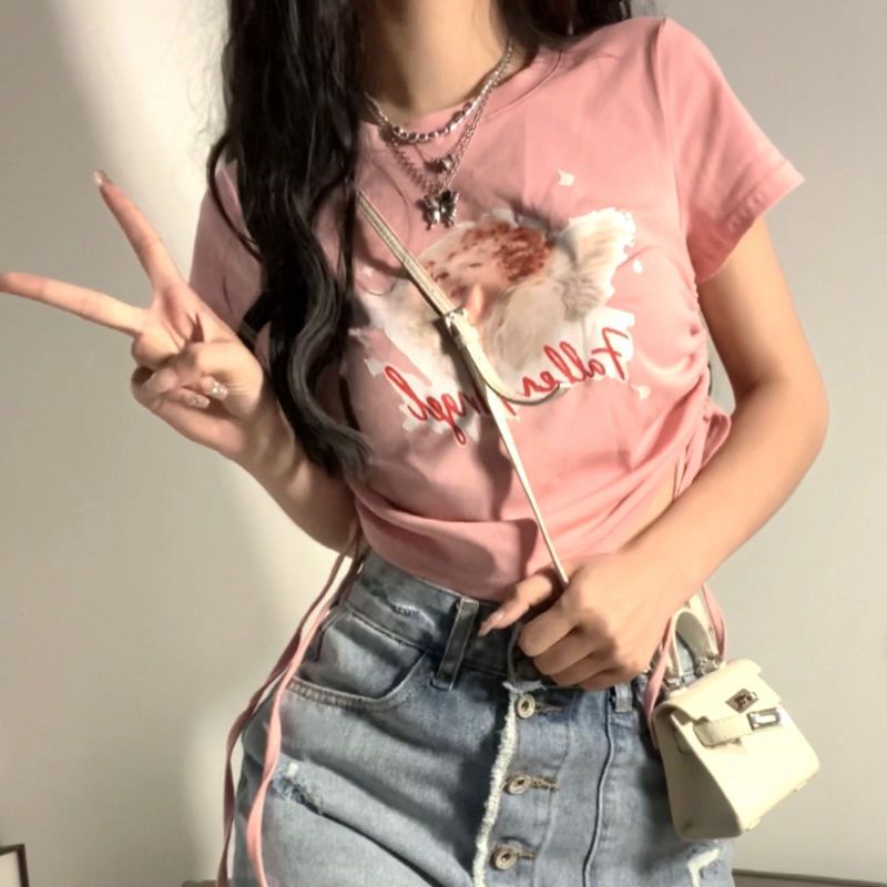 Áo thun COZOKC ngắn tay cổ tròn in hình thiên thần phối dây buộc cá tính