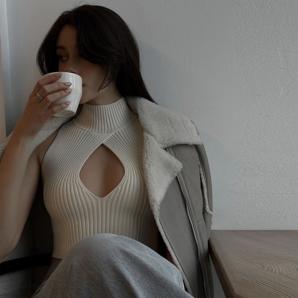 Cocory vn Áo Crop top Đan Len Cổ Cao 7 Màu Sắc Phong Cách Mỹ Quyến Rũ Cho Nữ