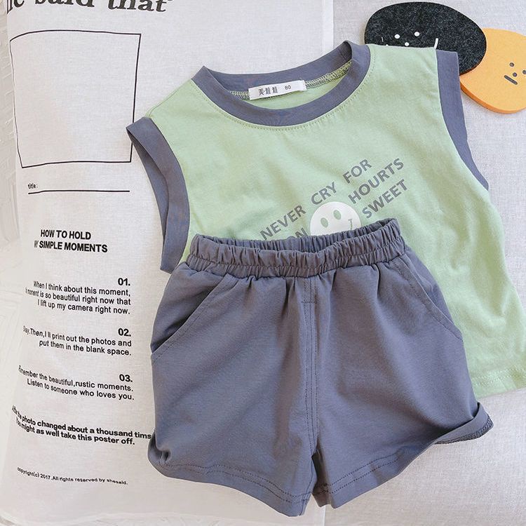 [Phong Cách Mới] Bộ Đồ Hai Mảnh Cotton Mỏng Không Tay Màu Trơn Cho Bé Trai