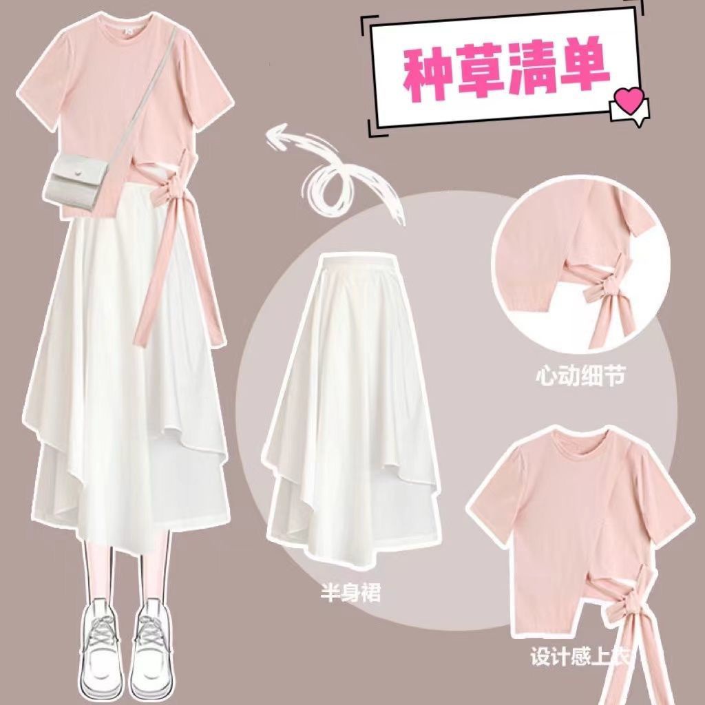 Set Áo Thun Ngắn Tay Và Chân Váy Vạt Lệch Thời Trang Mùa Hè Phong Cách Mới Cho Nữ