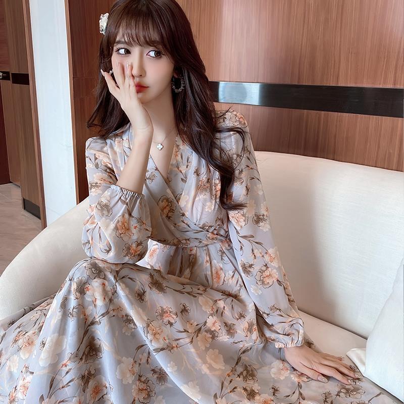 Đầm Voan Tay Dài Cổ Chữ V In Họa Tiết Hoa Phong Cách Pháp Thời Trang Mùa Xuân Hàng Mới Dành Cho Bạn Nữ