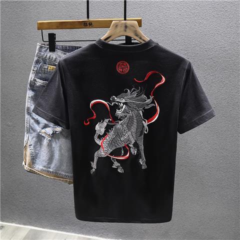 Áo thun nam tay ngắn thêu kỳ lân thời trang quốc gia S-4XL 2023 mẫu mới thương hiệu thời trang nửa tay thường ngày