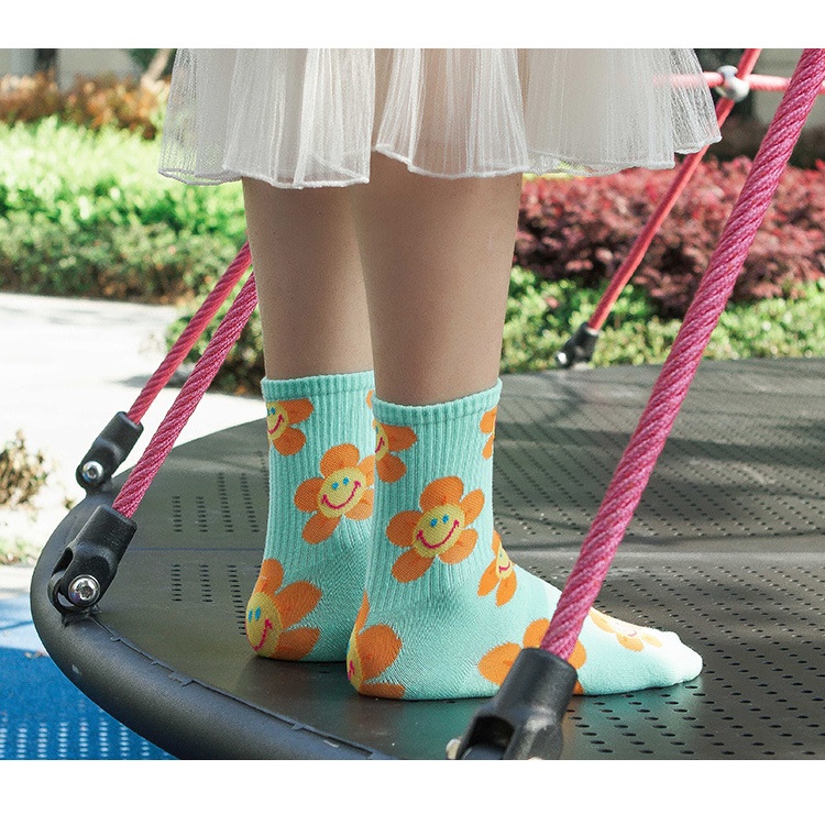 Vớ Cotton Họa Tiết Hoa Mặt Cười Phong Cách Hàn Quốc WAFNHA D165