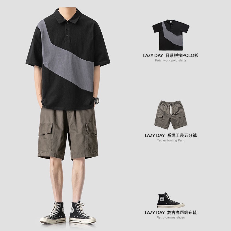 【luckin men's】bộ đồ，áo polo nam+quần short nam，áo phông，áo thun nam，t shirt nam，Set Áo polo Ngắn Tay Form Rộng Màu Sắc Tương Phản Thời Trang Mùa Hè Cho Nam，áo xám，thời trang nam，quần đùi nam，quần túi hộp，quần nam，quần ống suông，đen，xám，