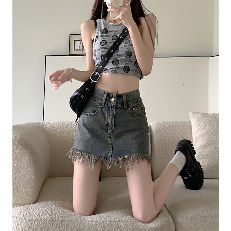chân váy jean đầm denim lưng cao phối tua rua phong cách retro thời trang cho nữ