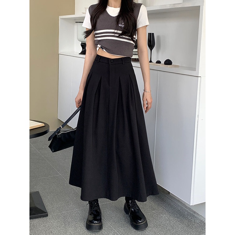 Xiaozhainv Chân Váy Maxi Đen Dáng Chữ A Thiết Kế Xếp Ly Nữ Tính