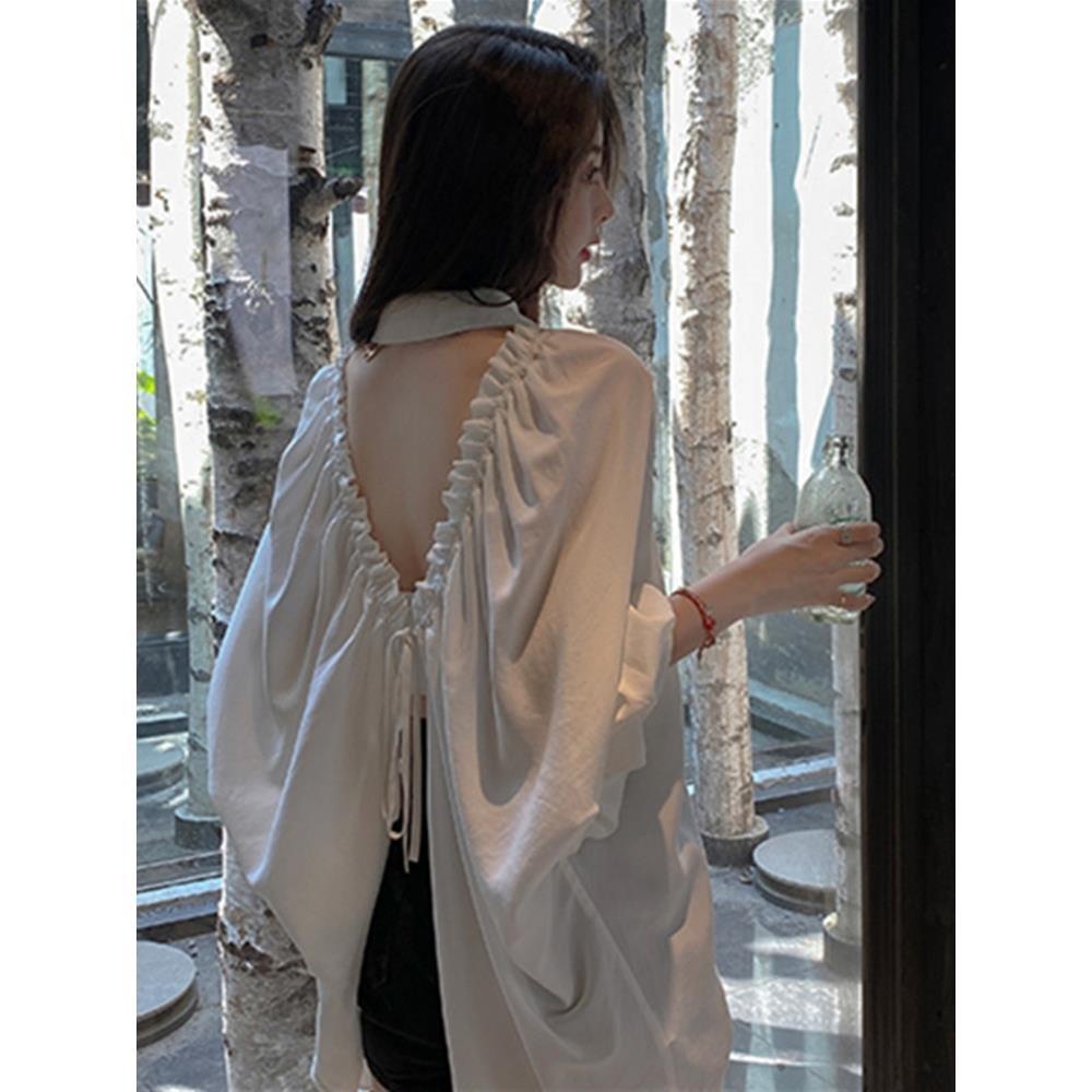 Áo Sơ Mi Tay Dài Phồng Hở Lưng Thời Trang Mùa Thu 2023 Phong Cách Pháp Cho Nữ