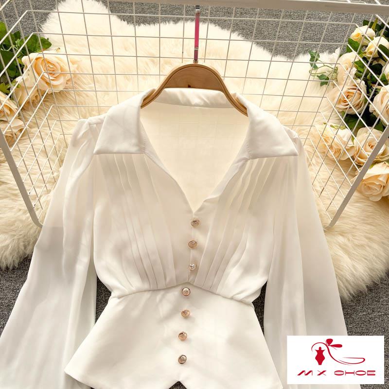 Áo Sơ Mi Tay Phồng Dài Cổ Chữ V Phong Cách Pháp Sang Trọng Cho Nữ