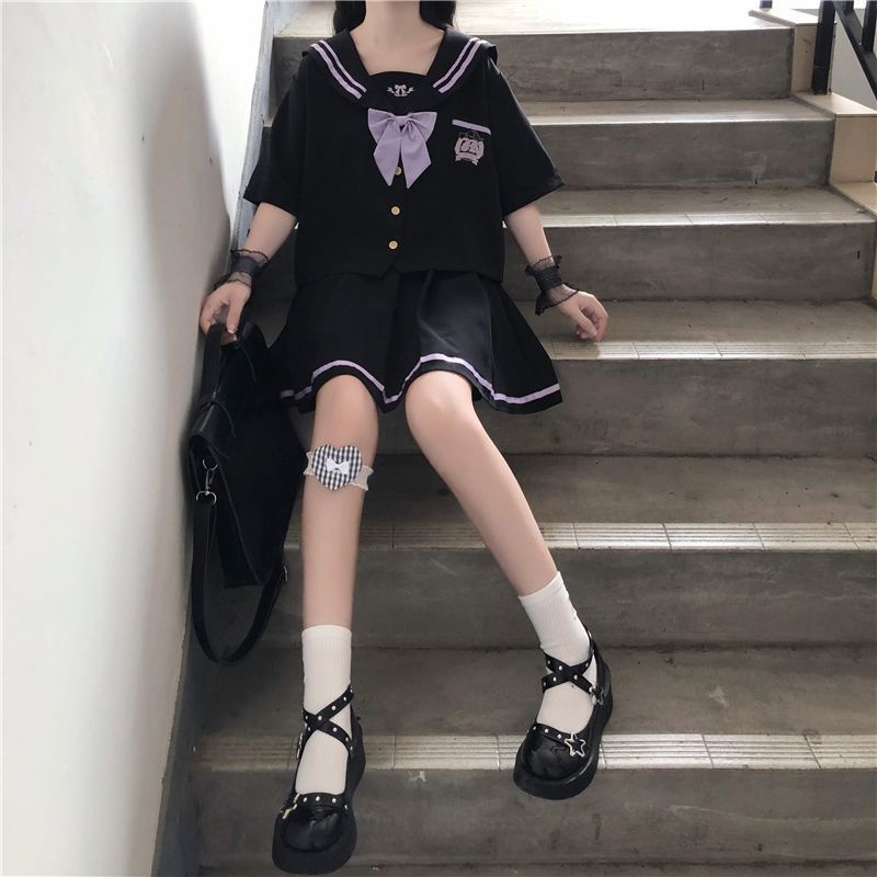 ✨Hàng Có Sẵn Kích Thước Lớn JK JK✨Bộ Áo Sơ Mi Ngắn Tay Đính Nơ + Chân Váy Xếp Ly Lưng Cao Thời Trang Mùa Hè Cho Nữ
