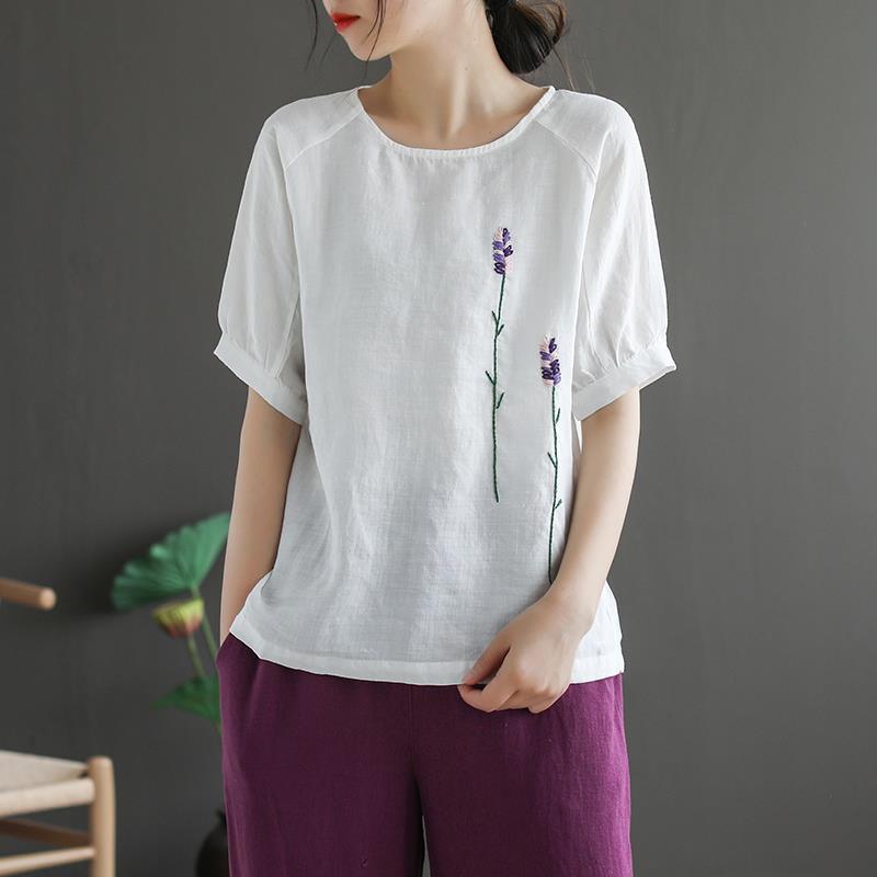 Áo Thun 40% Cotton Tay Ngắn Dáng Rộng Họa Tiết Thêu Phong Cách Dân Tộc