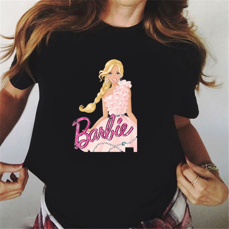 Áo Thun Nữ Ngắn Tay In Chữ Barbie Màu Hồng Thời Trang