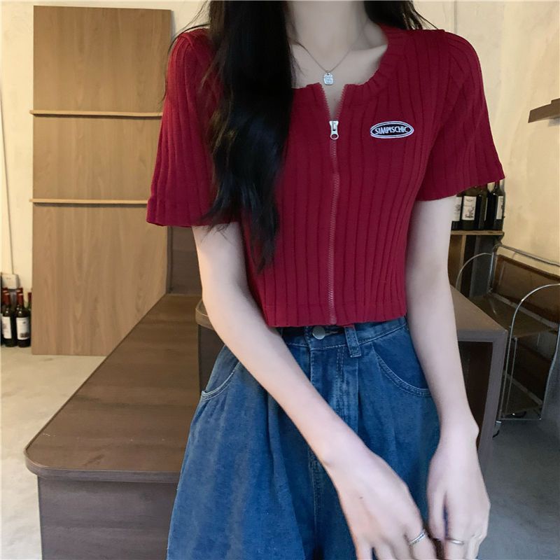 Áo Dệt Kim Tay Ngắn Phối Khóa Kéo Thời Trang Mùa Hè Cho Nữ