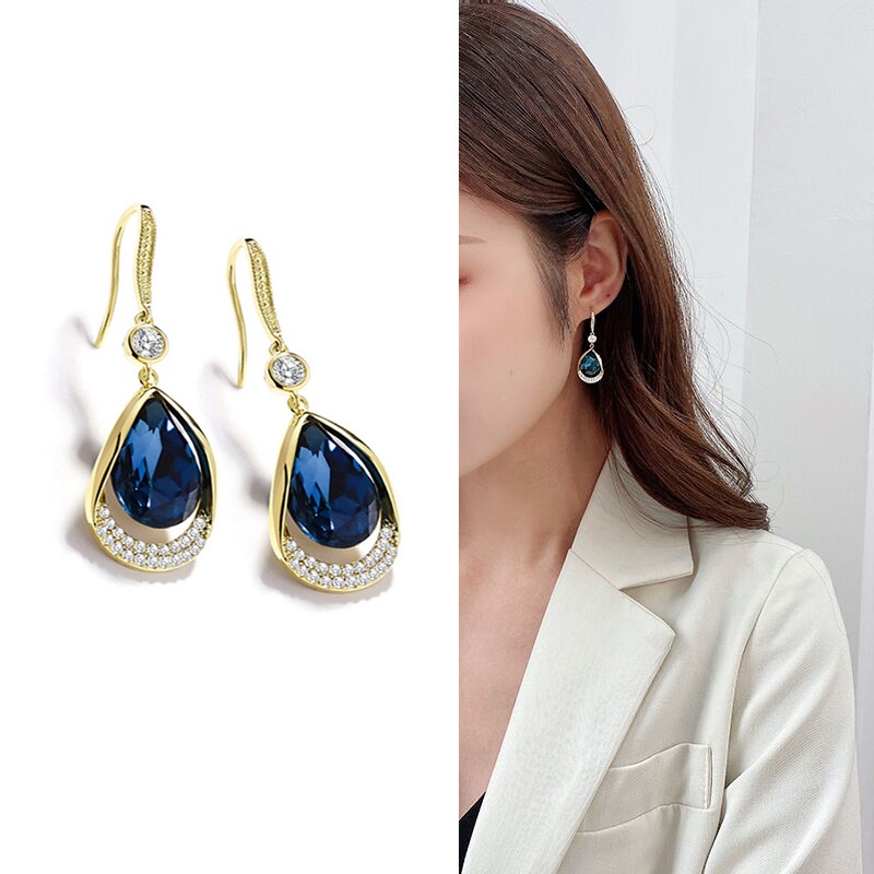 Khuyên Tai Dáng Dài Đính Đá Pha Lê Hình Giọt Nước Màu Xanh Dương Phong Cách Âu Mỹ Thời Trang Mới