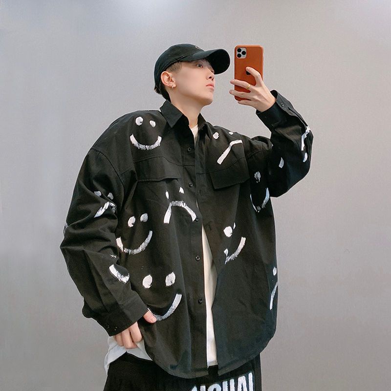 Hàng Mới Về Áo Sơ Mi Nam Dài Tay Dáng Rộng Họa Tiết Mặt Cười Phong Cách Nhật Bản