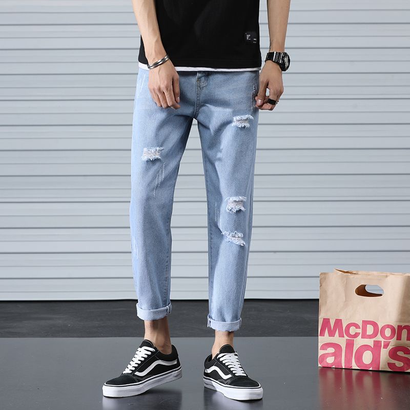 Quần Jeans Dài Ống Rộng Rách Gối Thời Trang Mùa Hè Cho Nam