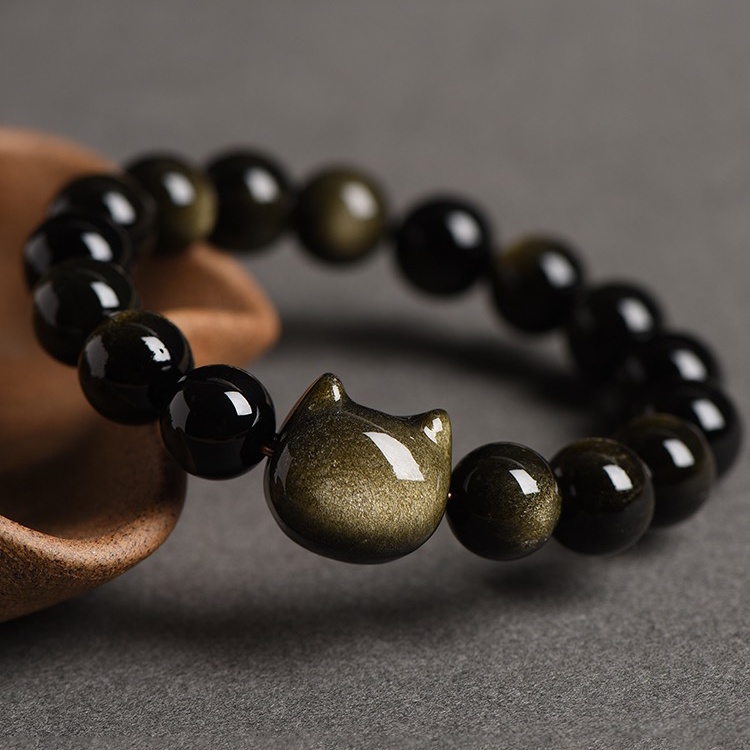 Vòng Tay Chuỗi Hạt Đá Obsidian Tự Nhiên Hai Mắt Mèo Tránh Ác Quỷ