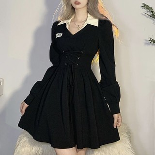 Đầm chữ a tay dài cổ bẻ cột dây nhấn eo size lớn thời trang cho nữ
