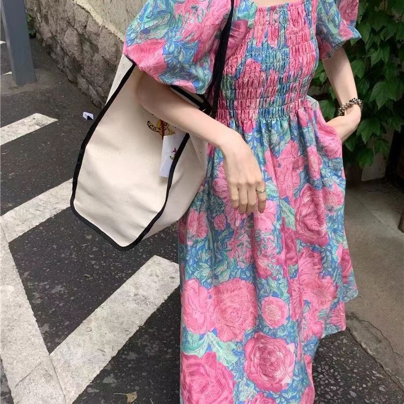 Đầm Tay Phồng Cổ Vuông Họa Tiết Hoa Phong Cách Pháp Thời Trang Mùa Xuân Mới Cho Nữ