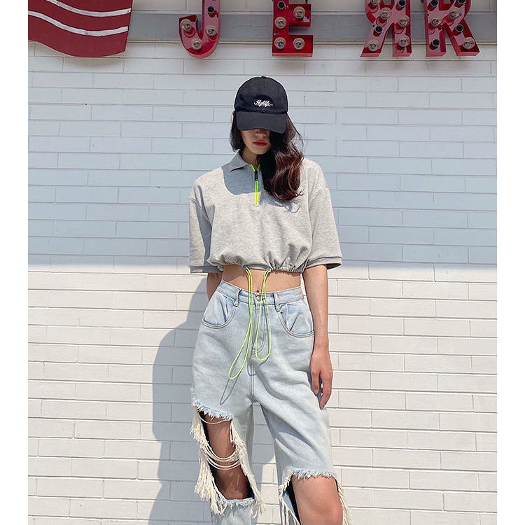 Jiashucheng Quần Jean Dài Lưng Cao Dáng Rộng Phối Rách Kiểu Retro Thời Trang Mùa Hè Cho Nữ