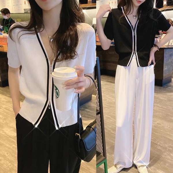 ❋2023 Mới Hàn Quốc V-Neck Double Zipper Cardigan Tay áo ngắn cho phụ nữ Mùa hè Thin Ice Silk Knitting Short Shirt T