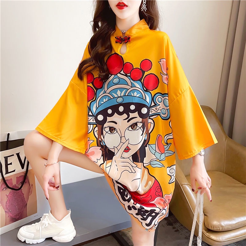 Đầm Thun In Họa Tiết Phối Nút Thời Trang Vintage Cá Tính