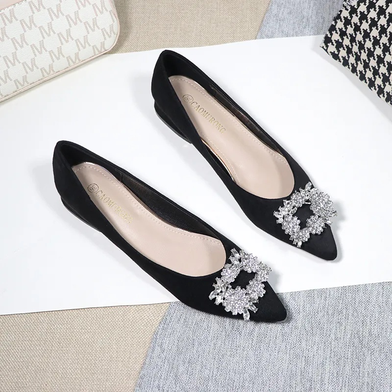 Giày Cao Gót Mũi Nhọn Màu Đen Đính Đá Trang Trí Sang Trọng Thời Trang Công Sở Cho Nữ Size 33-42 2023