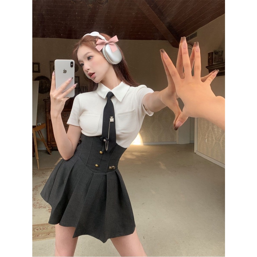 Set Áo Thun Ngắn Tay + Chân Váy Chữ a Lưng Cao Màu Đen Thời Trang Xuân 2023 Cho Nữ103250