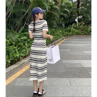 [ SẴN HÀNG] VÁY KẺ LEN CỘC TAY MONGTOGI DÁNG DÀI