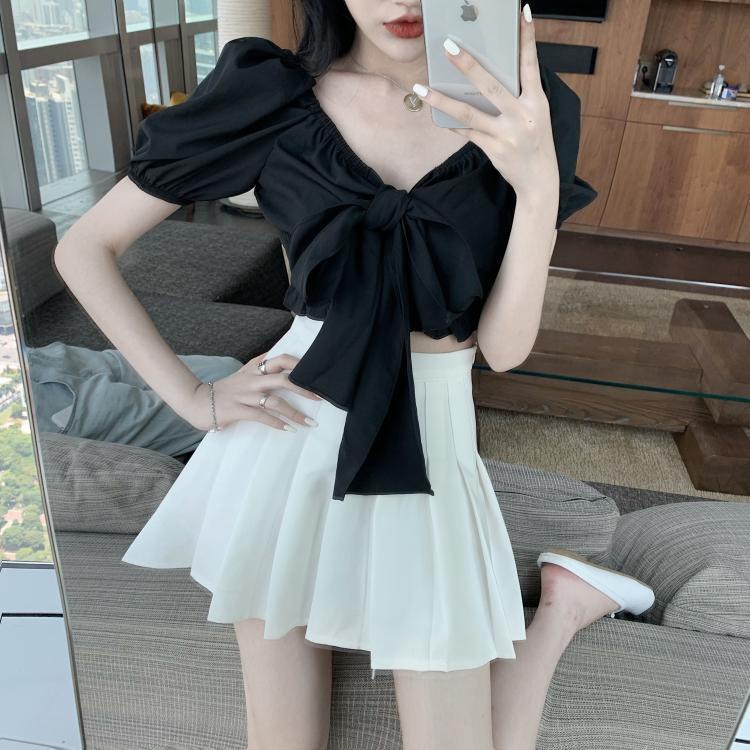 COZOK Áo Sơ Mi Tay Ngắn Cổ Vuông Thắt Nơ Eo Phong Cách Hàn Quốc Quyến Rũ Dành Cho Nữ