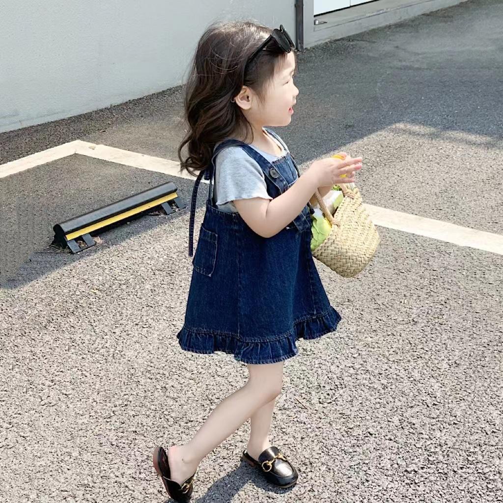 Set Áo Thun Ngắn Tay + Đầm Yếm Denim Thời Trang Cho Bé Gái