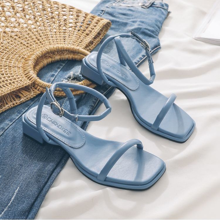 Giày Xăng Đan Đế Bằng Mũi Vuông Hở Ngón Thiết Kế Dây Cột Thời Trang Cá Tính