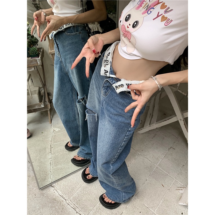 【JMWOMEN】 Quần Jean Dài Denim Ống Rộng Rách In Chữ Thiết Kế Độc Đáo Phong Cách Mỹ