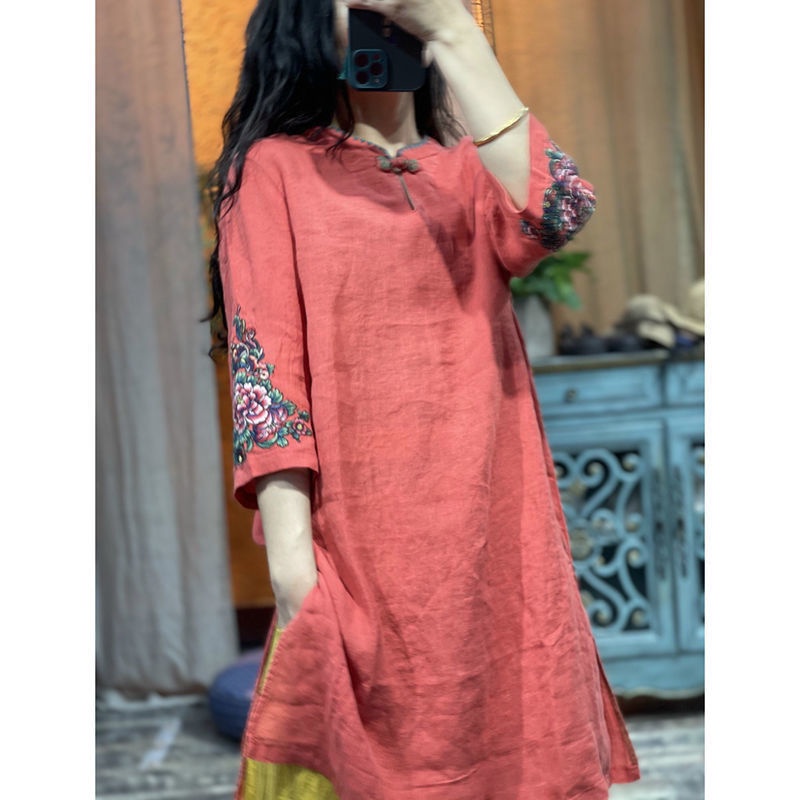 Đầm Sườn Xám Cách Tân Vải Lanh Cotton Thêu Họa Tiết Phong Cách Trung Hoa Cổ Điển Thời Trang Cho Nữ