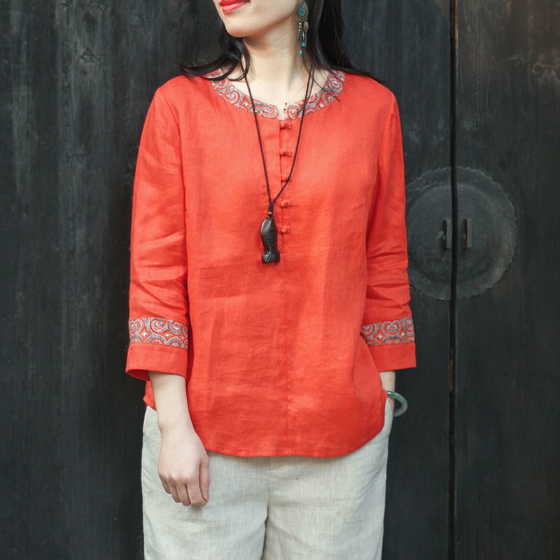 Áo Cotton Lanh Dáng Rộng Thoáng Khí Cài Khóa Đĩa Đơn Giản Cổ Điển