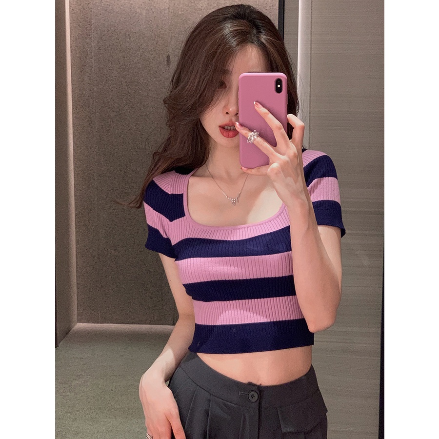 Áo croptop dệt kim tay ngắn cổ vuông thiết kế kẻ sọc cá tính thời trang