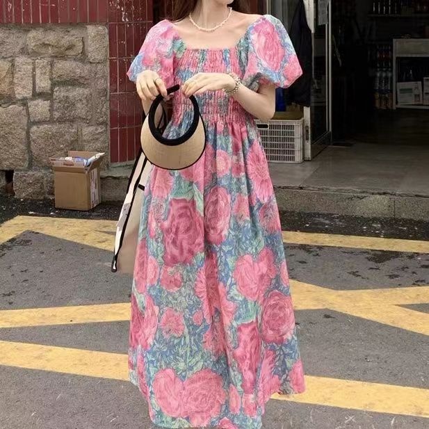 Đầm Tay Phồng Cổ Vuông Họa Tiết Hoa Phong Cách Pháp Thời Trang Mùa Xuân Mới Cho Nữ