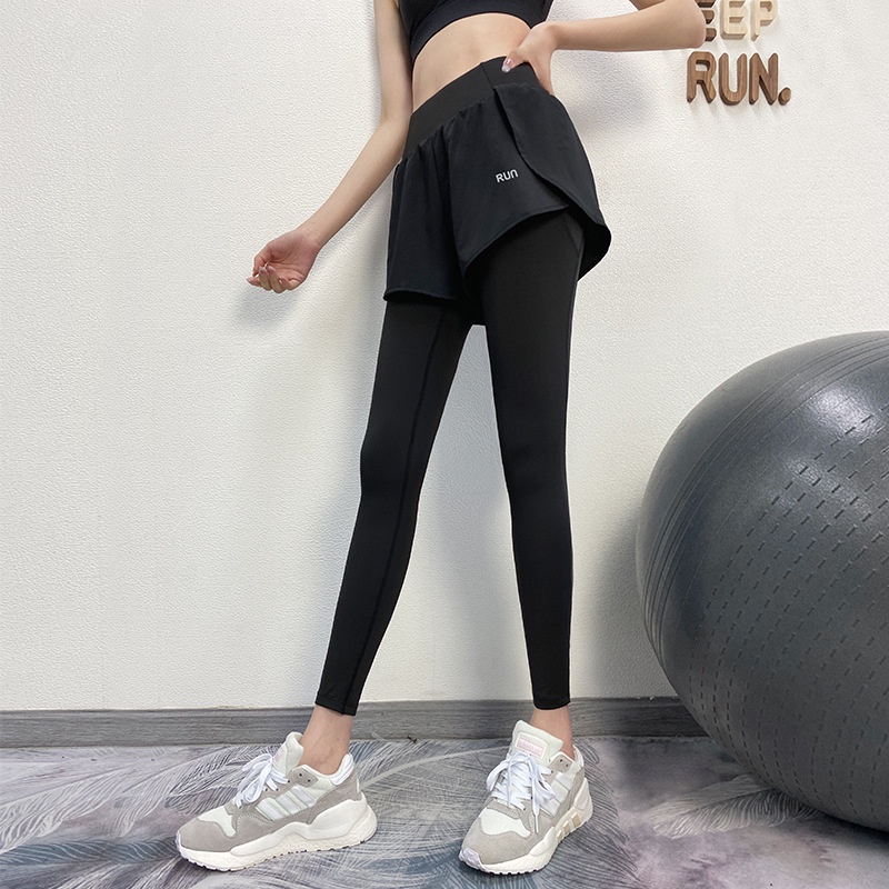 Quần Legging Thể Thao Lưng Cao Giả Hai Lớp Thoáng Khí Có Túi Thời Trang Mới Cho Nữ