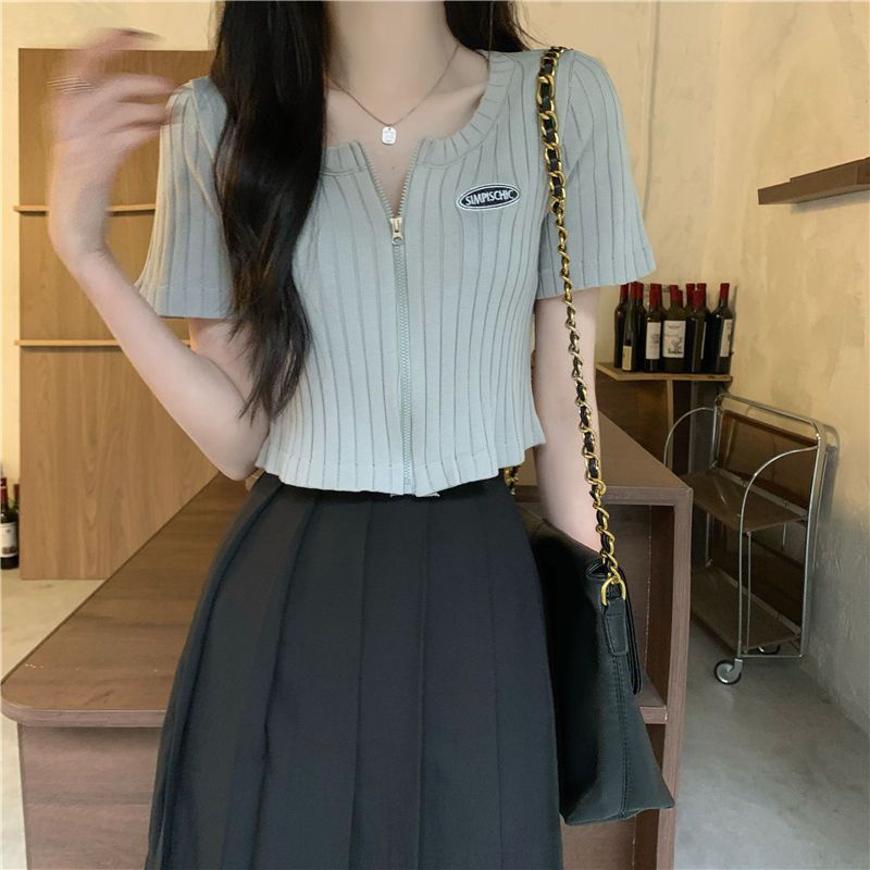 Áo Dệt Kim Tay Ngắn Phối Khóa Kéo Thời Trang Mùa Hè Cho Nữ