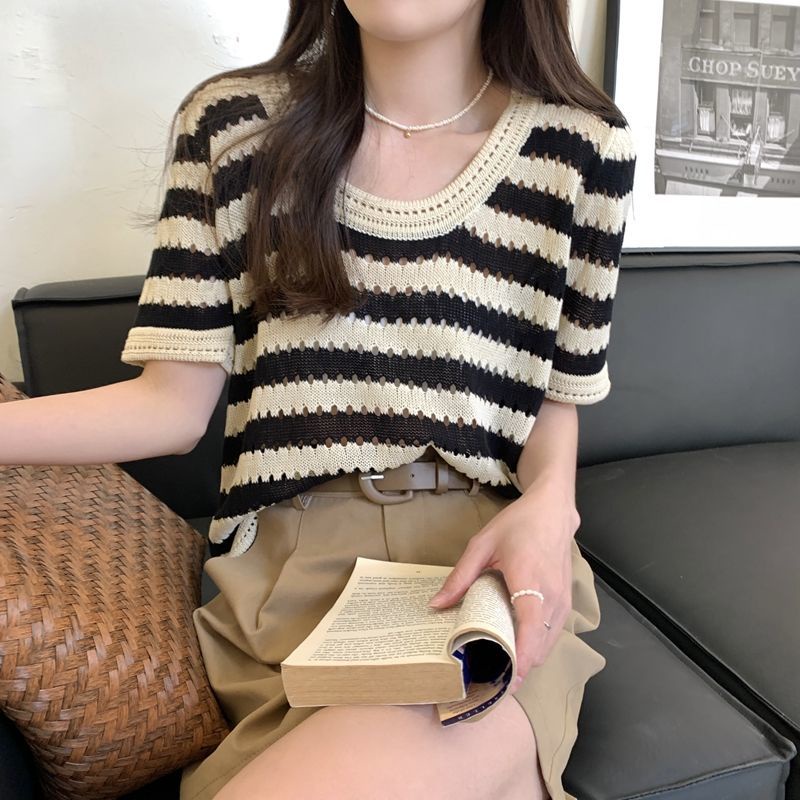 Áo Dệt Kim Cổ Tròn Họa Tiết Kẻ Sọc Phong Cách Cổ Điển Thời Trang Cho Nữ