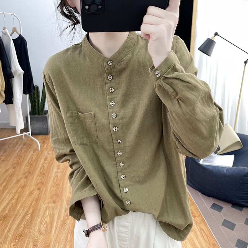 Áo Sơ Mi Cotton Nguyên Chất Cổ Đứng Tay Dài Dáng Rộng Kiểu Retro Hàn Quốc Thời Trang Mùa Xuân 2023 Cho Nữ