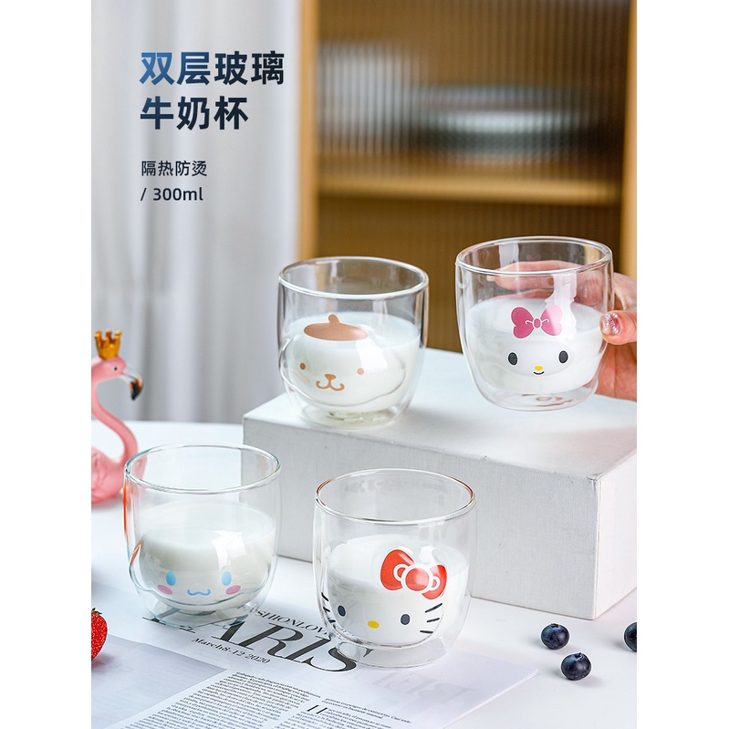Cốc Thủy Tinh Hai Lớp Cách Nhiệt Họa Tiết Hoạt Hình Hello Kitty Dễ Thương Sáng Tạo Cho Bé Gái
