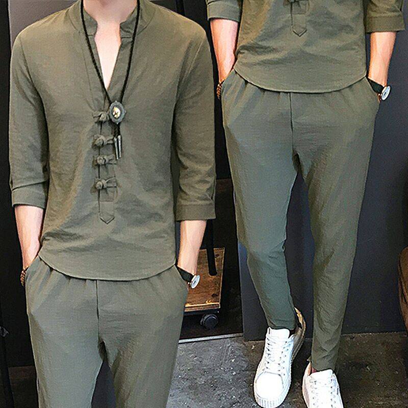 Set Áo Thun Ngắn Tay + Quần Dài Phong Cách Trung Hoa Thời Trang Mùa Hè Mới Cho Nam