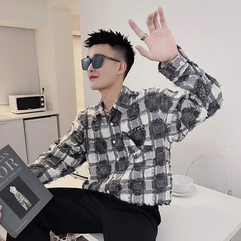 Flow Checkered Áo Sơ Mi Dài Tay Xuân Thu Đồng quê Dạo Phố Retro Màu Sắc Tương Phản Checkered Khâu Cặ